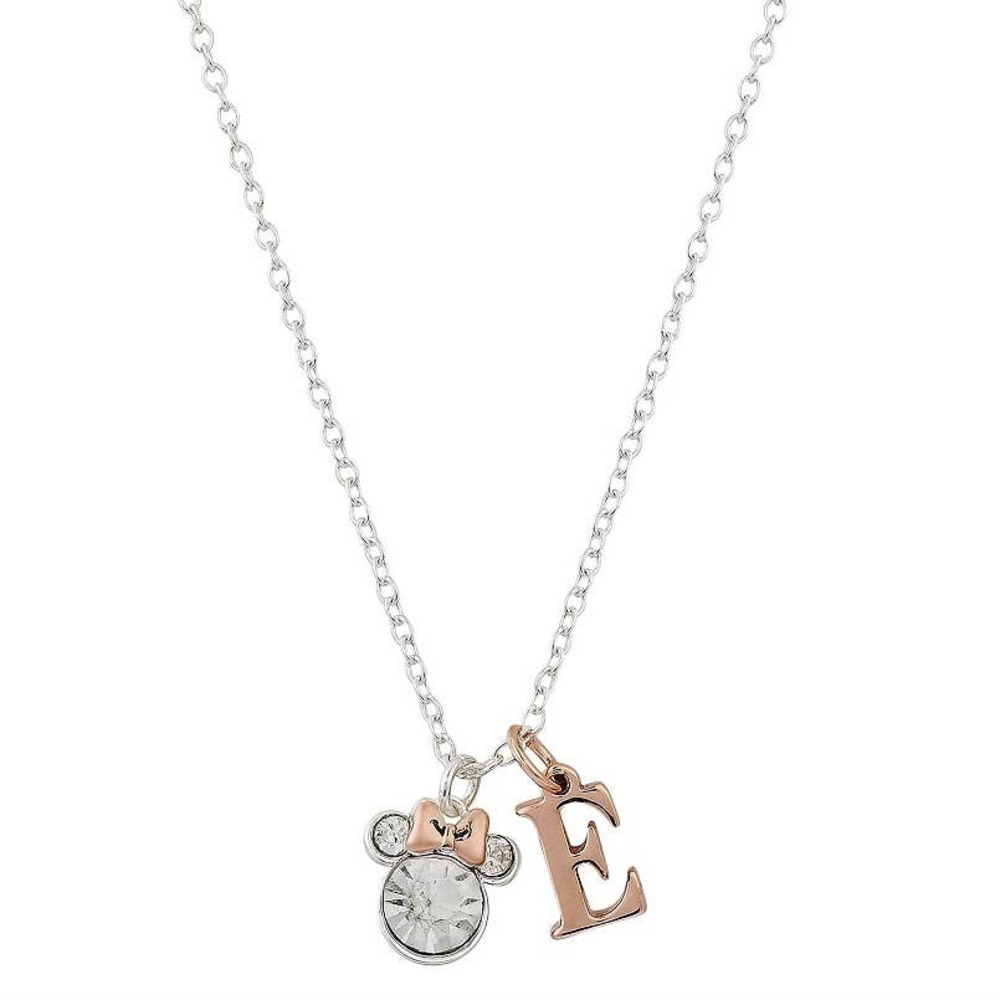 Minnie Mouse Rose Gold  Silver Plated Crystal Initial E necklace